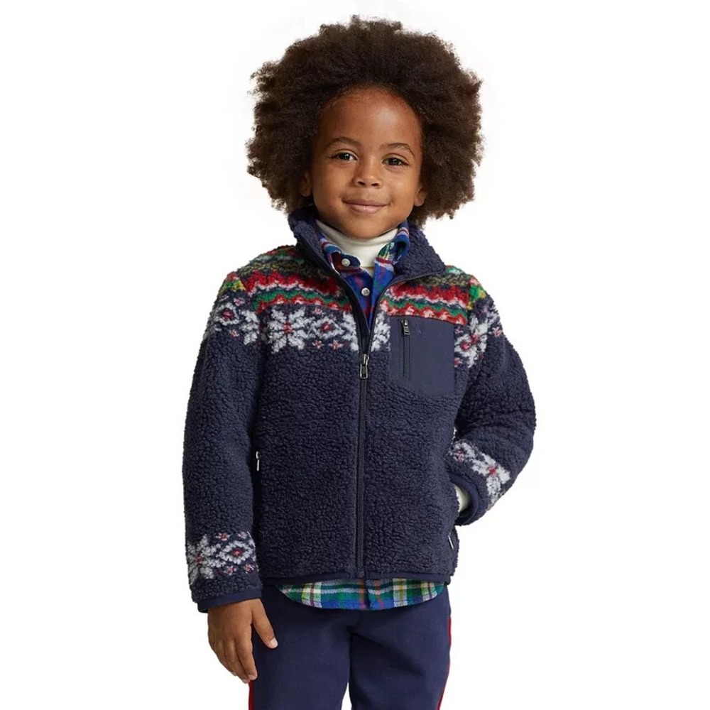 Polo Ralph Lauren Boys Fair Isle Teddy Fleece Jacket Navy Blue Size 6
